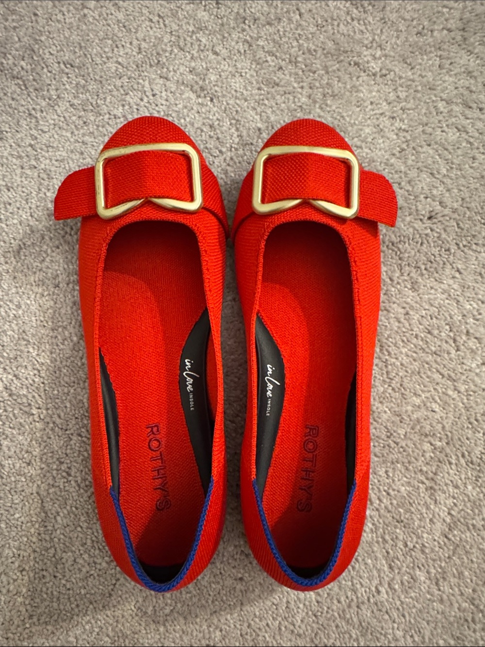 Rothy's Bright Red Knit Ballet Flat with Gold Buckle